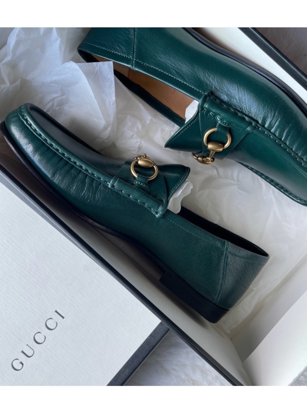 Gucci Green Leather Horsebit Loafers